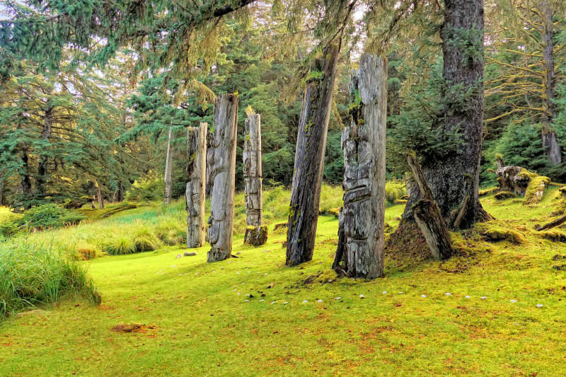 Totem poles at SG̱ang Gwaay, Gwaii Haanas National Park Reserve, BC